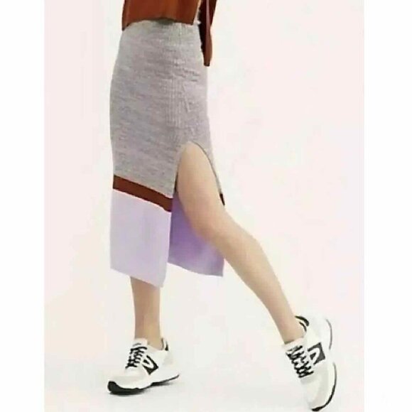 Free People Dresses & Skirts - Free People Colorblock Midi Knit Ribbed Skirt Size Small Slit Pull On Boho Chic